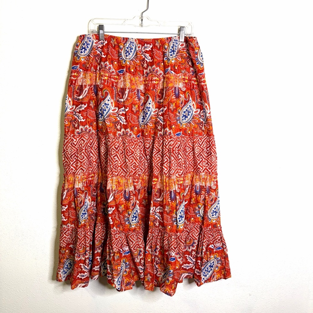 100% cotton tiered Style & Co. Red orange floral Paisley Maxi Skirt peasant xl